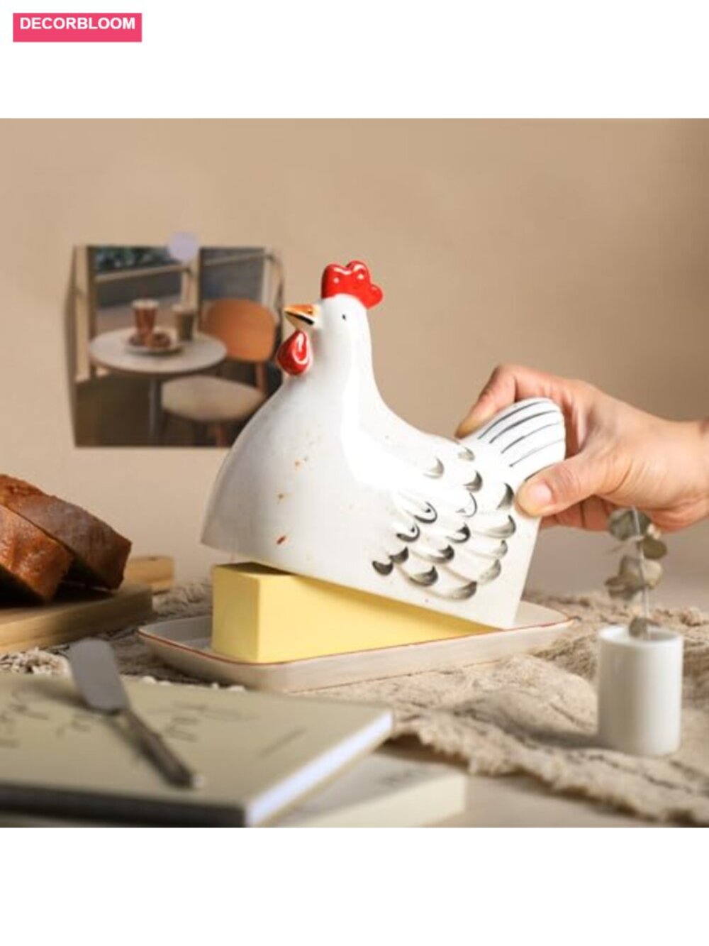 Retro Hen Ceramic Butter Dish with Lid - Butter Keeper & Plate Tray for Kitchen - Picture 4 of 6